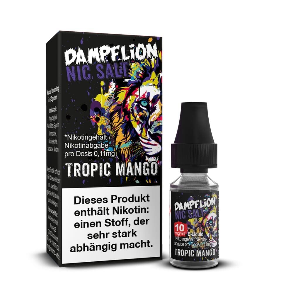 Liquid Tropic Mango von Dampflion Intense Dampflion Intense Nikotinsalz Tropic Mango Verpackung und Flasche, bunte Löwengrafik, Warnhinweis auf Nikotinsuchtgefahr, Nikotingehalt 10 mg/ml