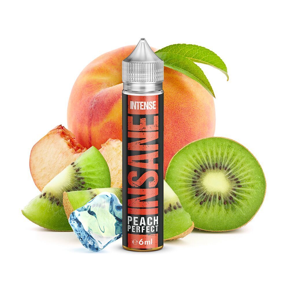 Aroma Peach Perfect - Insane Insane Aroma - Peach Perfect Flasche mit Kiwi- und Pfirsichhälften, Eiswürfel im Vordergrund, 6 ml Intensität.