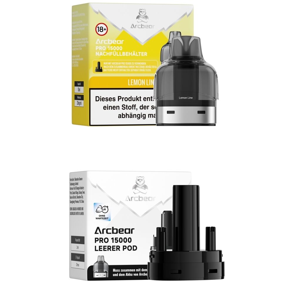 Arcbear Pro 15000 Pods - Lemon Line 20mg Arcbear Pro 15000 Pod Lemon Line in schwarz neben gelber Verpackung mit Warnhinweis, darunter leerer Pod und weiße Verpackung mit Bärenlogo
