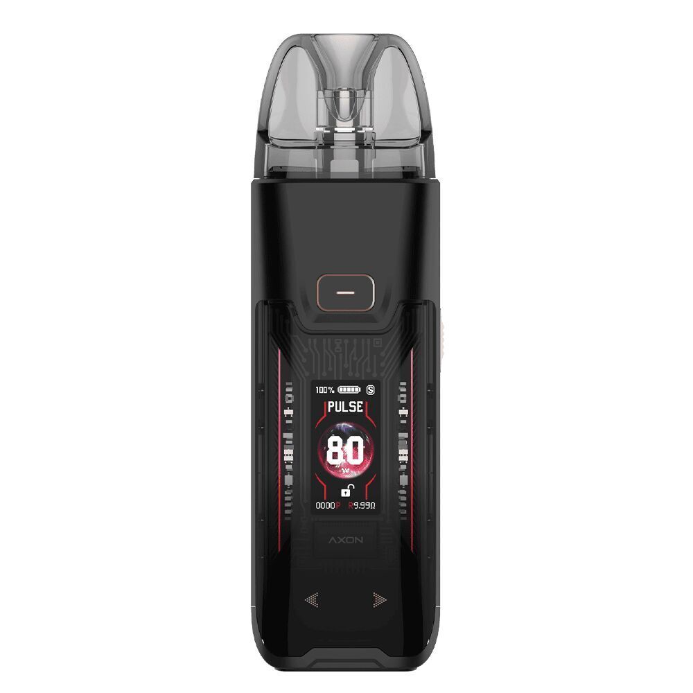 Vaporesso Luxe XR Max 2 Pod Kit - Dark Black Leather Vaporesso Luxe XR Max 2 Pod Kit in Dunkelschwarz mit digitalem Display, zeigt "PULSE 80", Batteriestandsanzeige und Tasten.