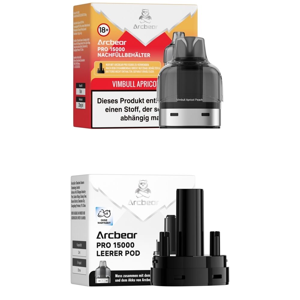 Arcbear Pro 15000 Pods - Vimbull Apricot Peach 20mg Zwei Packungen Arcbear Pro 15000 Pods, oberes zeigt Vimbull Apricot Peach, unteres leerer Pod, beide mit schwarzem Pod-Behälter.