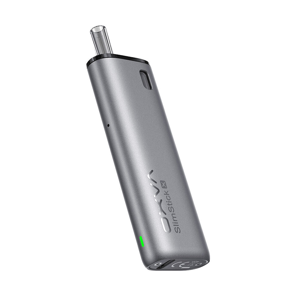OXVA SlimStick X Pod Kit - Gray OXVA SlimStick X Pod Kit in Grau, schlanke Form mit Mundstück, USB-C-Anschluss, sichtbares OXVA-Logo und grüne Indikatorleuchte.
