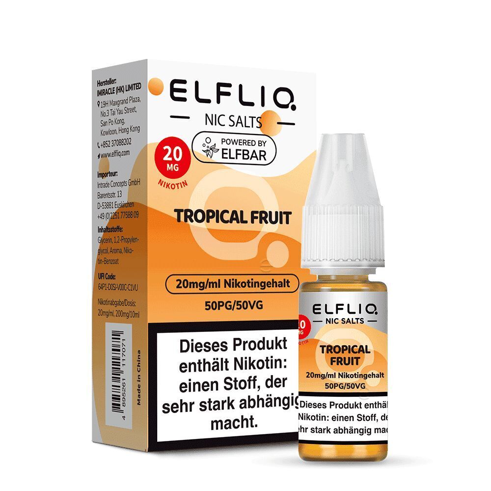Elfliq Nikotinsalz - Tropical Fruit 20mg Elfliq Nikotinsalz Flasche und Verpackung mit der Aufschrift "Tropical Fruit 20mg Nikotingehalt, 50PG/50VG", enthält Nikotinwarnung.