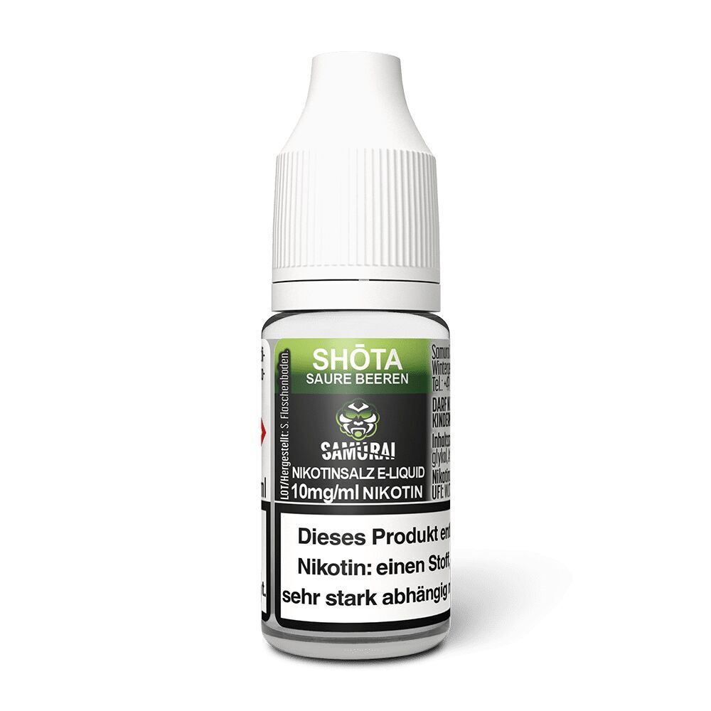 Liquid Shota Saure Beeren 10mg - Samurai Flasche mit Aufschrift "SHŌTA Saure Beeren", enthält Samurai Nikotinsalz E-Liquid mit 10mg/ml Nikotin, Warnhinweis zu Nikotin auf Etikett.
