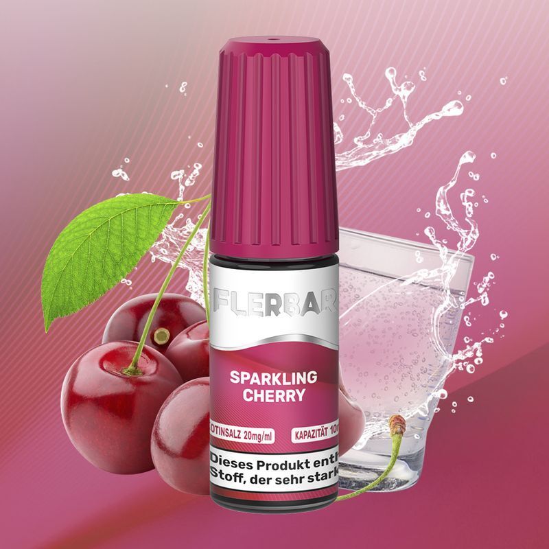 Liquid Sparkling Cherry von Flerbar Flerbar Nikotinsalz Sparkling Cherry 20mg mit Kirschen im Hintergrund und sprudelndem Getränk, Verpackung mit Warnhinweis