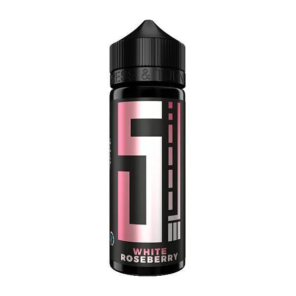 Aroma White Roseberry von 5 Elements Aroma-Flasche mit schwarzem Etikett, großem "5", rosa Akzent, Produktname "White Roseberry" unten, schwarzer Deckel.