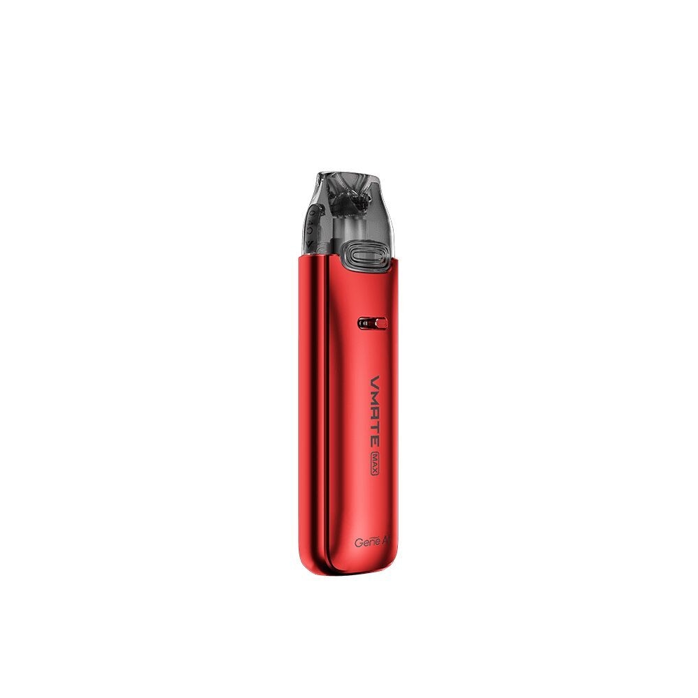 Voopoo VMATE Max Pod Kit in glänzendem Rot mit transparentem Mundstück, seitlichem Luftschieber und VMATE-Logo auf der Vorderseite.