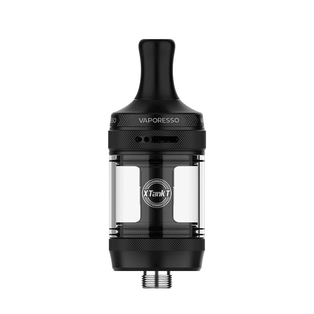 Vaporesso X Tank (GTX One Pro) Vaporesso X Tank, schwarz, mit durchsichtigem Mittelteil und mundstückartig geformtem oberen Ende, Text "X Tank T" sichtbar