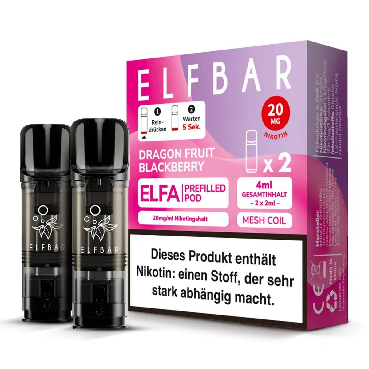 Elfbar ELFA Dragon Fruit Blackberry 20 mg Nikotinsalz | 2er Pack Elfbar ELFA Dragon Fruit Blackberry 20 mg Nikotinsalz | 2er Pack