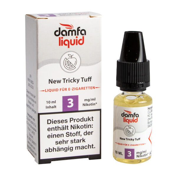 Liquid New Tricky Tuff 3mg - damfaliquid Produktverpackung und Flasche von Damfaliquid Liquid - New Tricky Tuff mit 3 mg Nikotin, enthält Nikotin-Warnhinweis, 10 ml Inhalt.