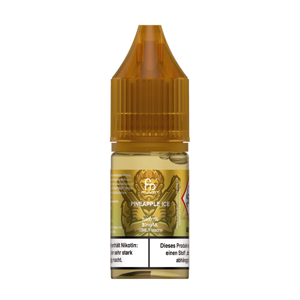RNM120 RandM Tornado Pineapple Ice Nikotinsalz Liquid, 10mg, 10ml Flasche, goldener Hintergrund mit Flammenmotiv und Warnhinweisen.