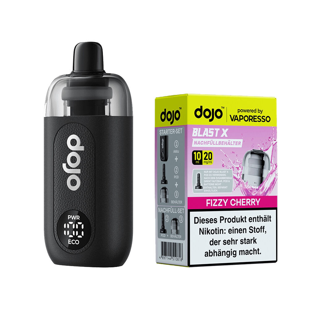 Vaporesso Dojo Blast X Set - Fizzy Cherry 20mg Vaporesso Dojo Blast X Set in schwarz neben einer Verpackung mit der Aufschrift Fizzy Cherry 20mg und Warnhinweis zu Nikotin.