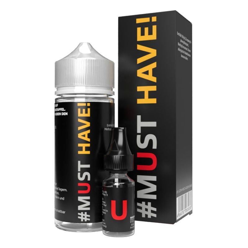 Aroma U von Must Have von 10ml Aroma Zwei schwarze Flaschen mit gelbem und rotem Text "#MUST HAVE" und "U", daneben eine passende schwarze Verpackung.
