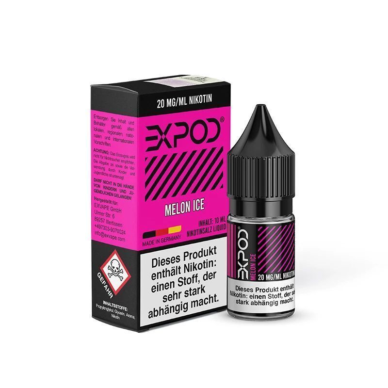 Liquid Melon Ice von Expod Expod Nikotinsalz Melon Ice Verpackung mit Flasche, 20 mg/ml Nikotin, enthält Warnhinweise und Gefahrensymbol, pink-schwarz designt.