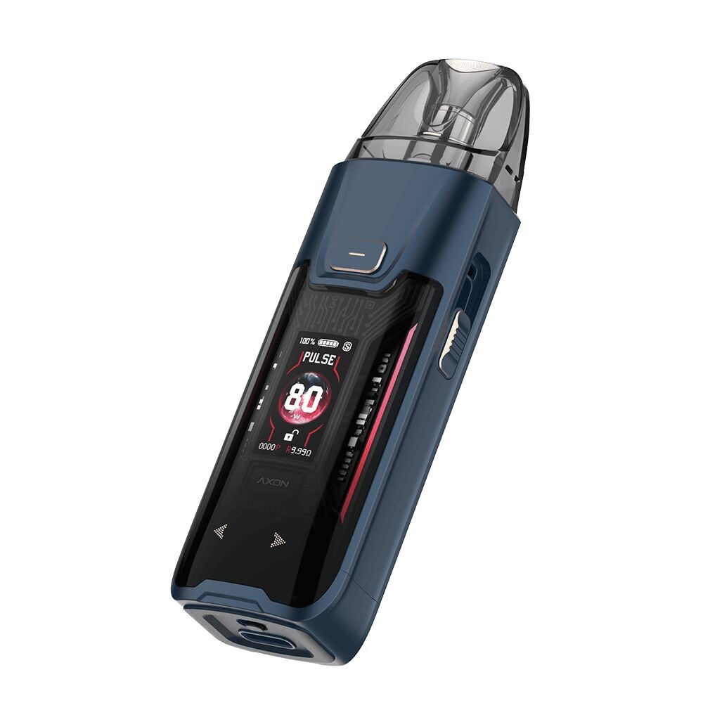 Vaporesso Luxe XR Max 2 Pod Kit in Storm Blue mit digitalem Display, zeigt 80 Watt Leistung und PULSE Modus an, transparentes Mundstück.