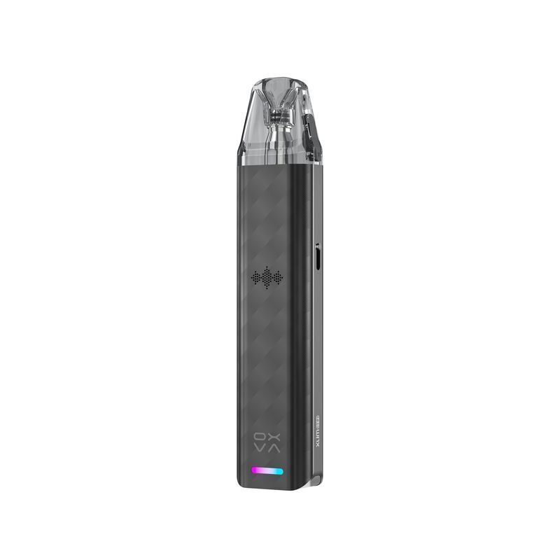 Oxva Xlim SE 2 Pod Kit in Schwarz mit transluzentem Mundstück, LED-Leuchte und dezentem Markenlogo auf der Vorderseite