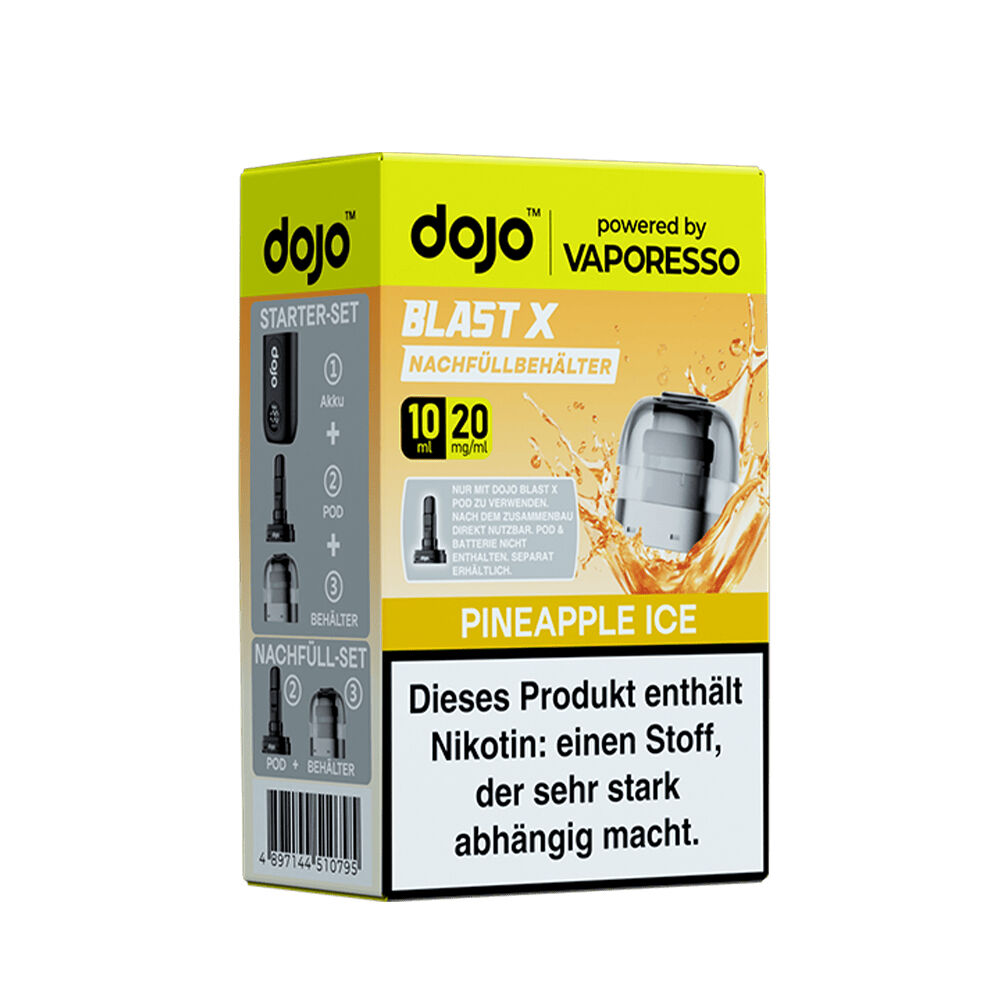 Vaporesso Dojo Blast X Pods - 20mg Nikotinsalz Verpackung der Vaporesso Dojo Blast X Pods, Pineapple Ice 20mg, zeigt Nachfüllbehälter, Nikotinwarnung und Infos zum Starter-Set.
