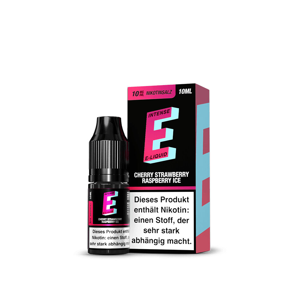 TVE E-Intense Nikotinsalz - Cherry Strawberry Raspberry Ice Flasche und Verpackung von TVE E-Intense E-Liquid Cherry Strawberry Raspberry Ice, 10ml Nikotinsalz mit Warnhinweis auf Nikotinsuchtgefahr.