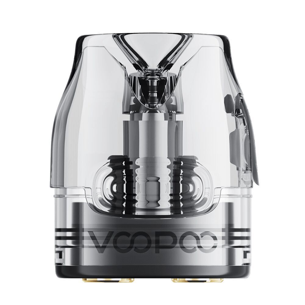 Voopoo VMate Topfill Pods mit Coil Voopoo VMate Topfill Pod mit Coil, transparentes Design, zentrale Metallwicklung, seitlicher Verschlussmechanismus, Markenname sichtbar