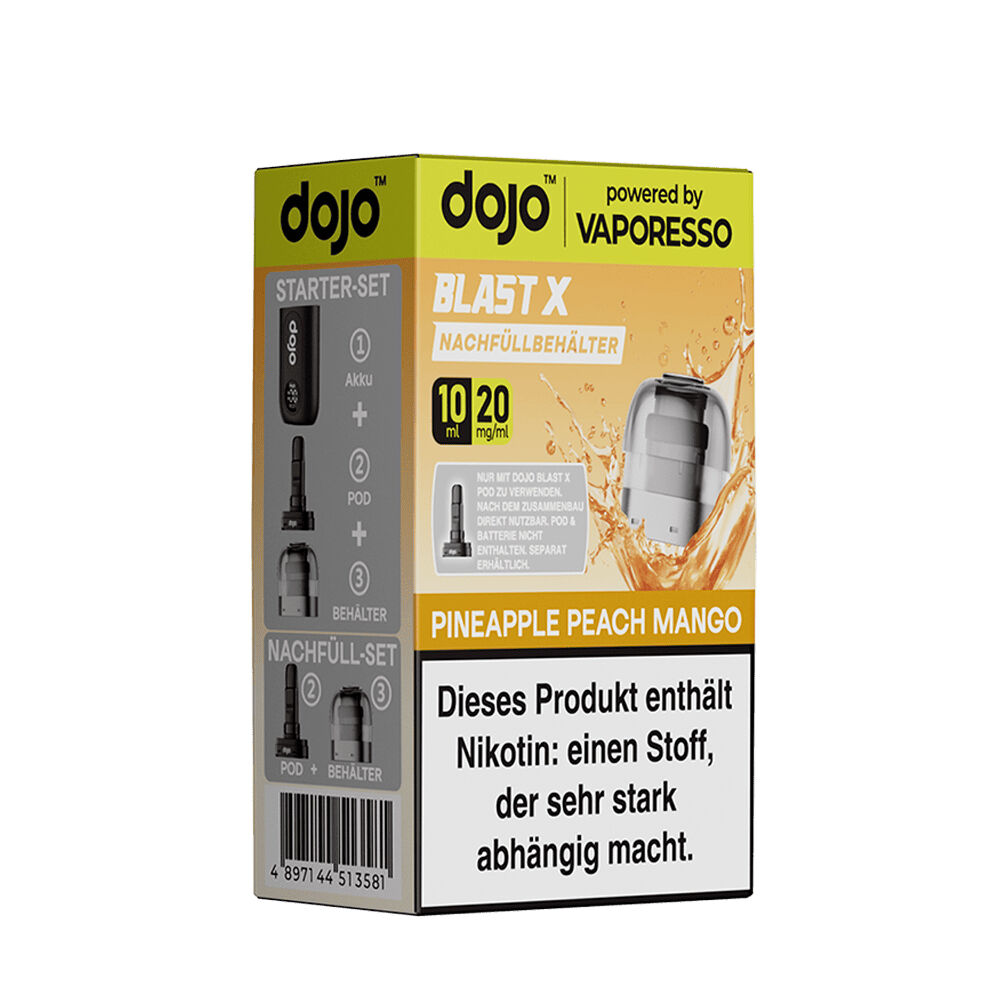 Vaporesso Dojo Blast X Pods - 20mg Nikotinsalz Verpackung der Vaporesso Dojo Blast X Pods mit der Geschmacksrichtung Pineapple Peach Mango 20mg, Warnhinweis zu Nikotin, orange-weißes Design