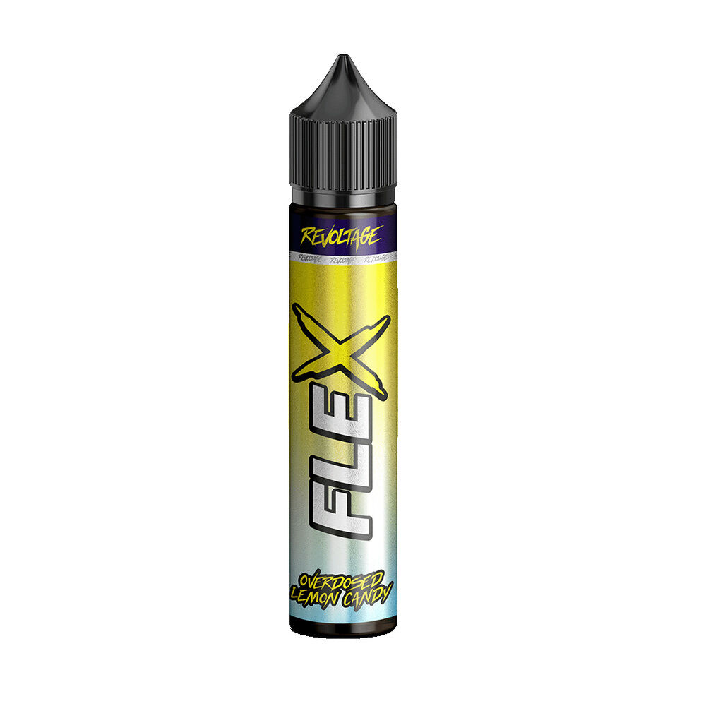 Flasche des Revoltage Flex Longfill Aroma, Lemon Candy mit schwarzem Deckel, gelb-weißer Farbverlauf, Aufschrift "FLEX" und "Overdosed Lemon Candy"
