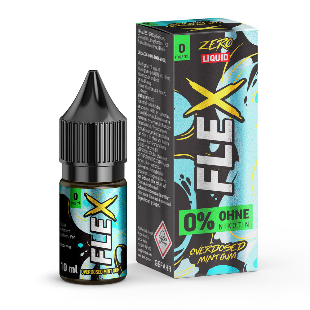 Revoltage Flex Nikotinsalz - Mint Gum Flasche und Verpackung von Revoltage Flex Liquid Mint Gum 0mg, mit Aufschrift 0% ohne Nikotin und Overdosed Mint Gum, in Blau und Schwarz.
