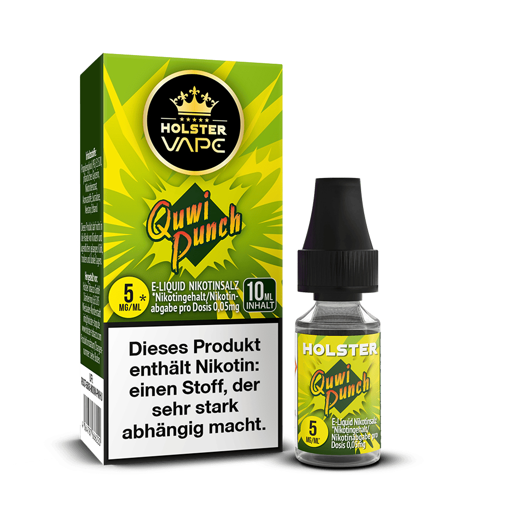Holster Vape Quwi Punch Nikotinsalz E-Liquid in grün-gelber Verpackung und Fläschchen, 5mg/ml, 10ml Inhalt, enthält Nikotinwarnung.