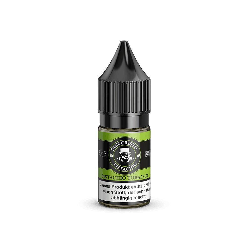 Liquid Pistachio 20mg - Don Cristo Don Cristo Pistachio Tobacco Nikotinsalz-Flasche, schwarzer Verschluss, grün-schwarzes Etikett mit Warnhinweis, 20 mg Nikotin