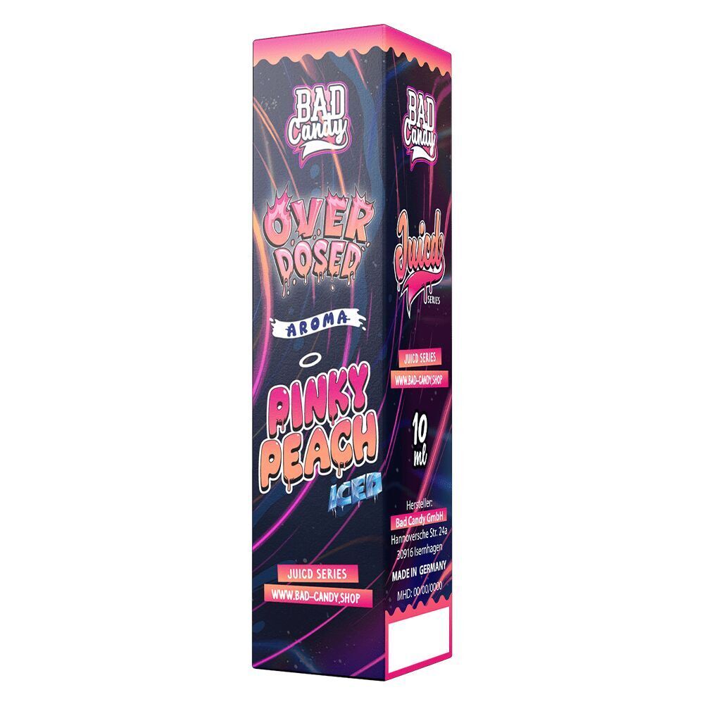 Aroma Pinky Peach Iced - Bad Candy Overdosed Verpackung des Bad Candy Aroma Pinky Peach Iced Overdosed, 10 ml, bunte Grafiken und pinkfarbener Text mit Markenlogo.