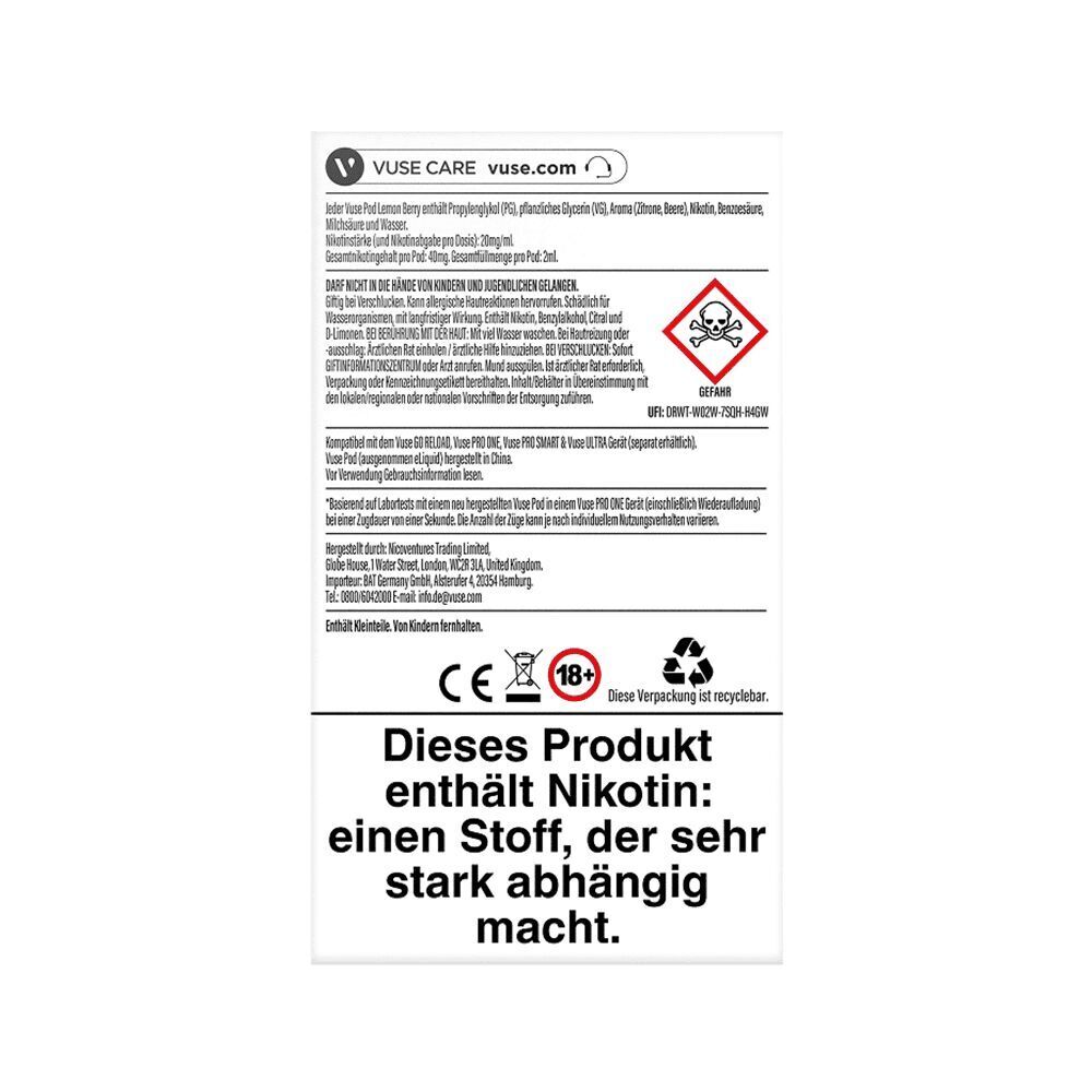 Vuse Pods - Lemon Berry 20mg Warnhinweise auf einer Verpackung von Vuse Pods Lemon Berry 20mg, enthält Nikotin, stark abhängigmachend, mit Gift-Symbol und recycelbar.