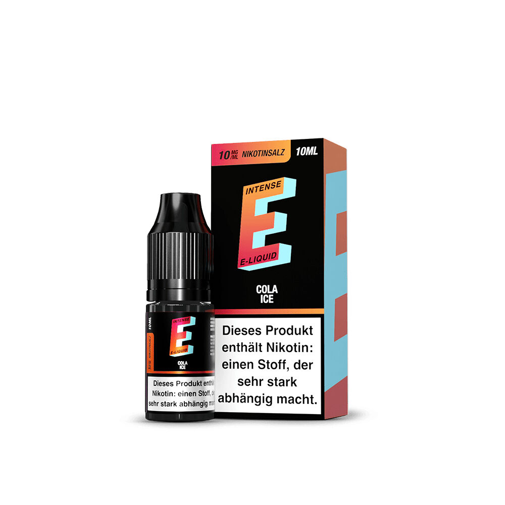 TVE E-Intense Nikotinsalz - Cola Ice Flasche und Verpackung des TVE E-Intense Nikotinsalz Cola Ice 10mg mit Warnhinweis über den Nikotingehalt, 10ml Inhalt.