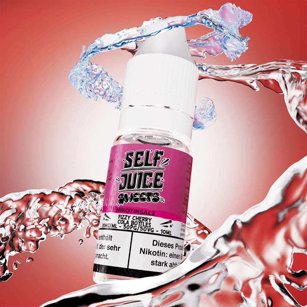 Liquid Fizzy Cherry Cola Bottle von Self Juice Flasche Self Juice Nikotinsalz mit Fizzy Cherry Cola Bottle Aroma vor sprudelndem Hintergrund, Etikett mit Produktangaben sichtbar