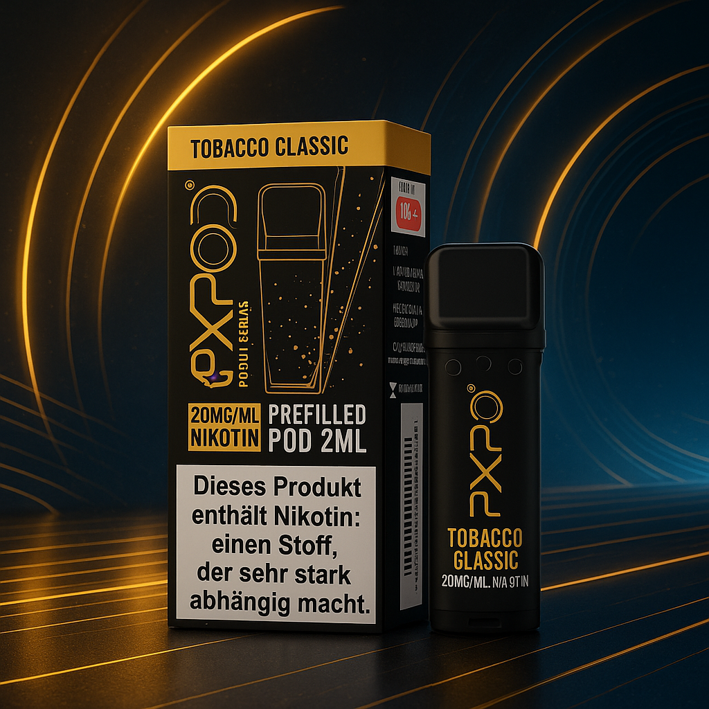 Expod Pro Pods - alle Sorten - mit Nikotin Expod Pro Pods Tobacco Classic 20mg Nikotin, schwarze Verpackung mit gelben Akzenten und 2ml vorgefülltem Pod, Warnhinweis zur Nikotinabhängigkeit.