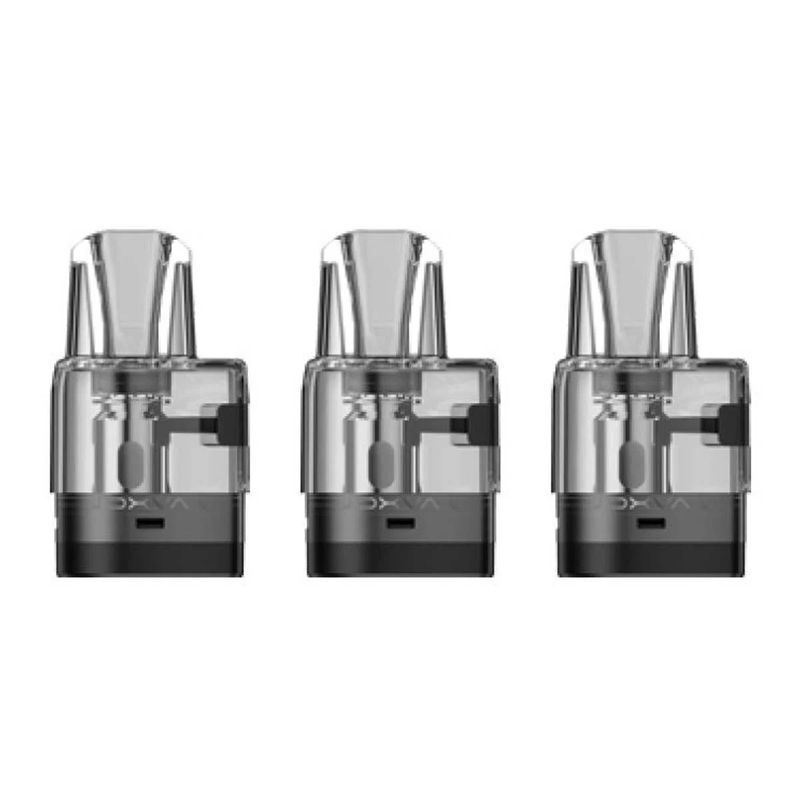 Oxva Oneo Pods mit Coil Drei transparente Oxva Oneo Pods mit schwarzen Basen und eingearbeiteten Coils, nebeneinander stehend.