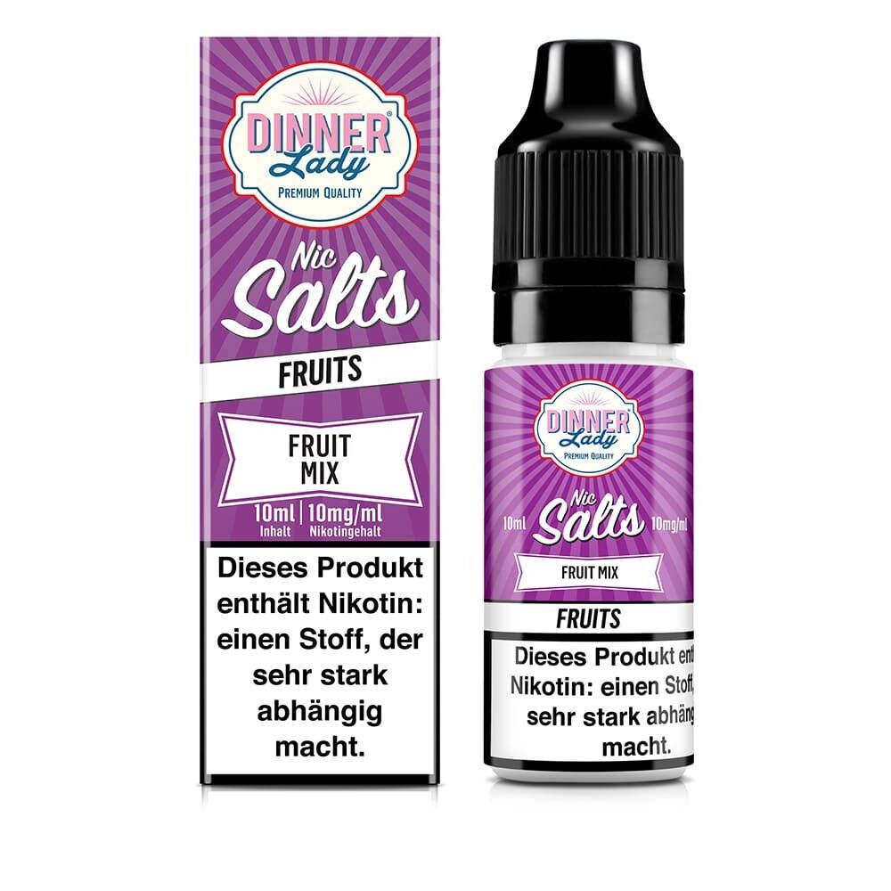 Liquid Fruit Mix mit 10mg Nikotin von Dinner Lady Dinner Lady Nikotinsalz Fruit Mix 10mg, lila Flasche und Verpackung mit Warnhinweis auf Nikotingehalt, 10ml Inhalt