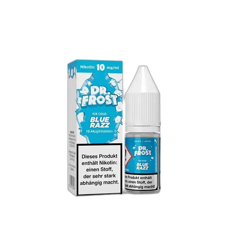 Liquid Ice Cold Blue Razz 10mg - Dr. Frost E-Liquid Flasche und Verpackung Dr. Frost Ice Cold Blue Razz, Nikotin 10 mg/ml, mit Warnhinweis über Nikotinabhängigkeit.