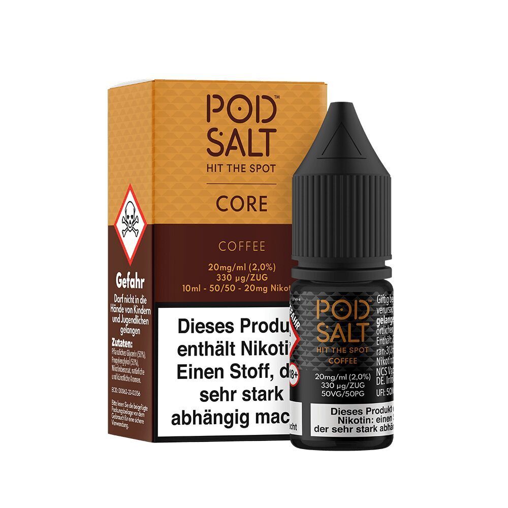 Liquid Coffee mit 20mg Nikotin von Pod Salt Core Pod Salt Core Nikotinsalz Coffee 20mg Flasche und Verpackung mit Warnhinweisen über Nikotingehalt und Gesundheit, braunes Design.