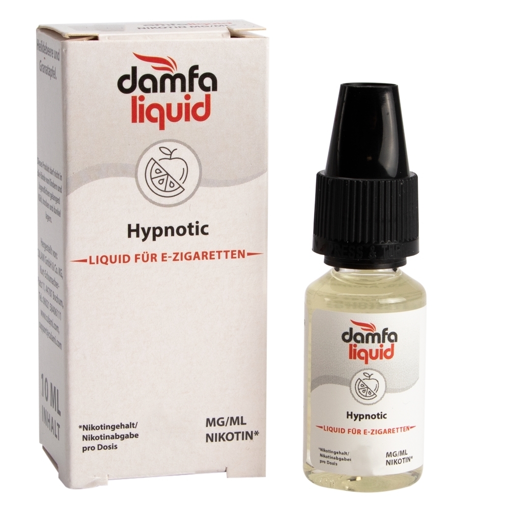E-Zigaretten-Liquidflasche von Damfaliquid namens Hypnotic neben Verpackung, beide mit rot-schwarzem Logo und Zitrusdesign auf beigem Hintergrund