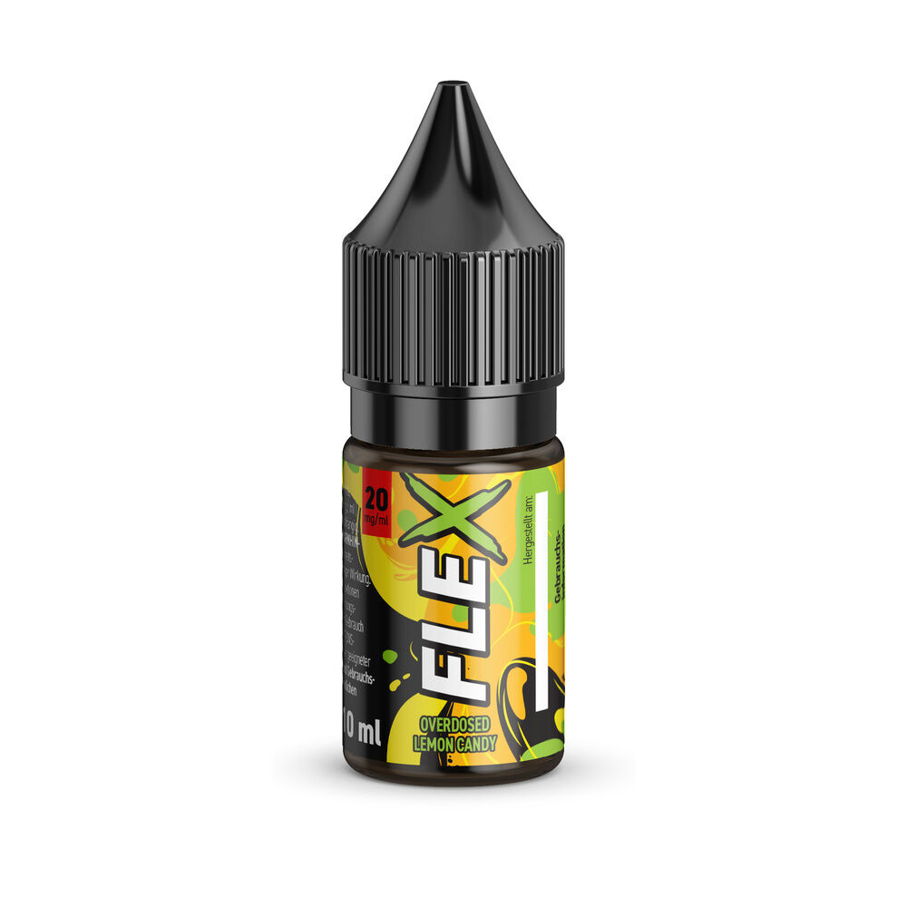 revoltage-flex-nikotinsalz-lemon-candy-20mg_2 Revoltage Flex Nikotinsalz-Flasche mit Lemon Candy-Geschmack, 20mg Nikotin, auffälliges Labeldesign in Gelb und Grün, schwarzer Verschluss.