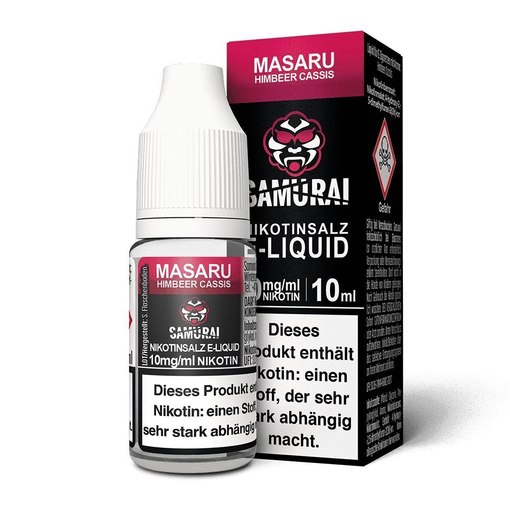 Liquid Masaru Himbeer Cassis 10mg - Samurai Samurai Nikotinsalz E-Liquid Flasche mit Verpackung, Masaru Himbeer Cassis, 10mg/ml Nikotin, 10ml, Warnhinweise sichtbar.