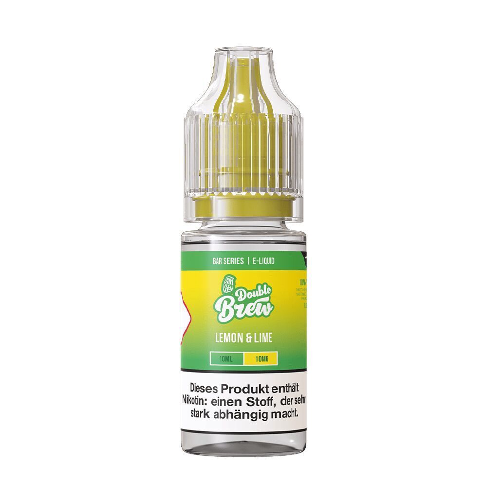 Liquid Lemon & Lime 10mg - Double Brew Flasche Double Brew Nikotinsalz Lemon & Lime mit grün-gelbem Etikett, 10ml, enthält Nikotinwarnung.