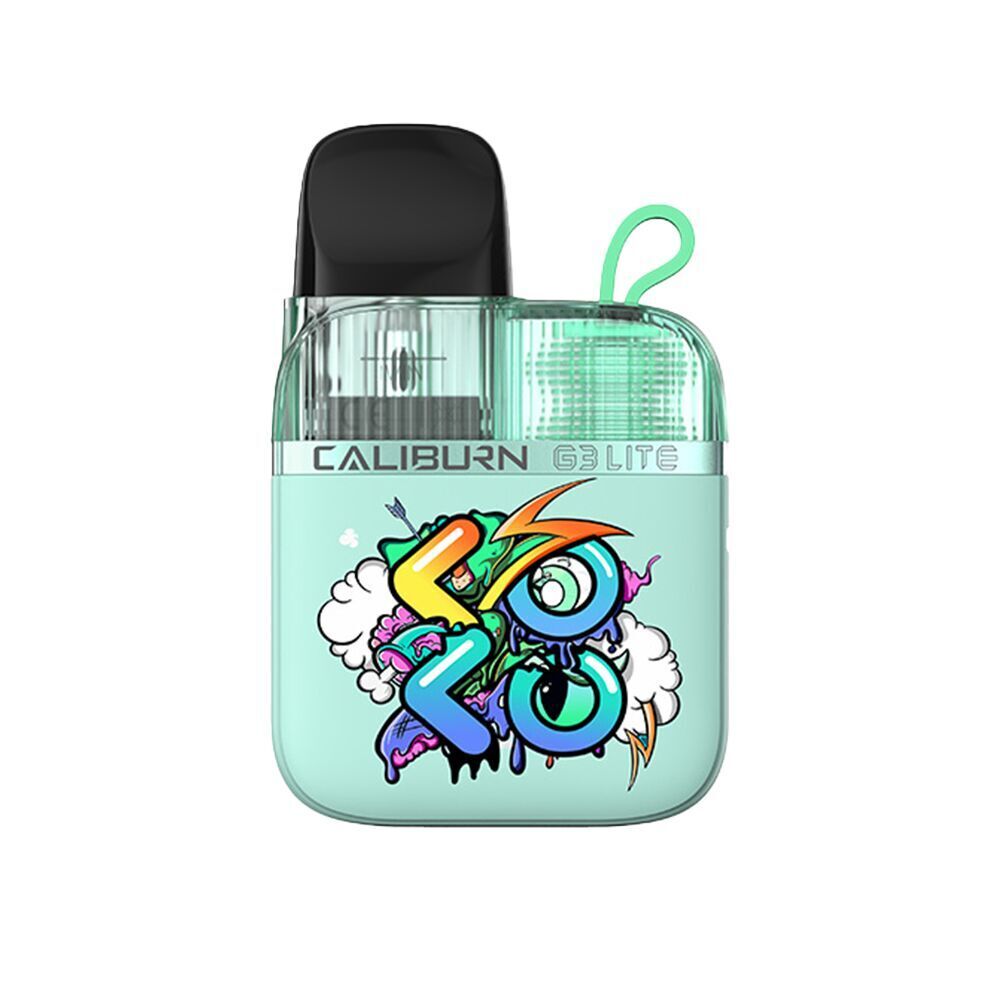 Uwell Caliburn G3 Lite Koko Uwell Caliburn G3 Lite Koko mit bunter Graffiti-Grafik auf der Vorderseite, schwarzem Mundstück und transparent-grünem Element oben.