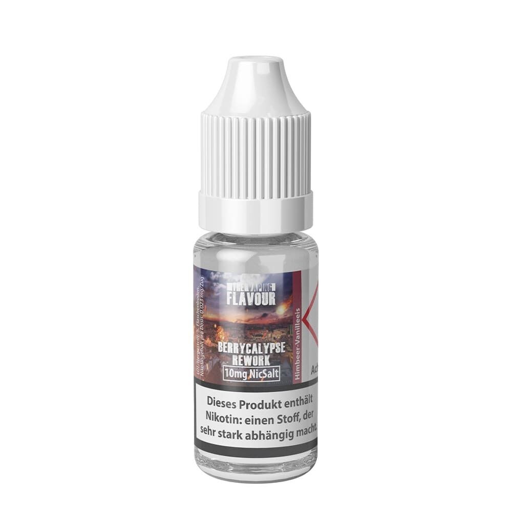 Liquid Berrycalypse 10mg - The Vaping Flavour Flasche mit Fruchtmotiven, Etikett „The Vaping Flavour Berrycalypse 10mg NicSalt“, Warnhinweis zu Nikotinplatten, weiße Kappe