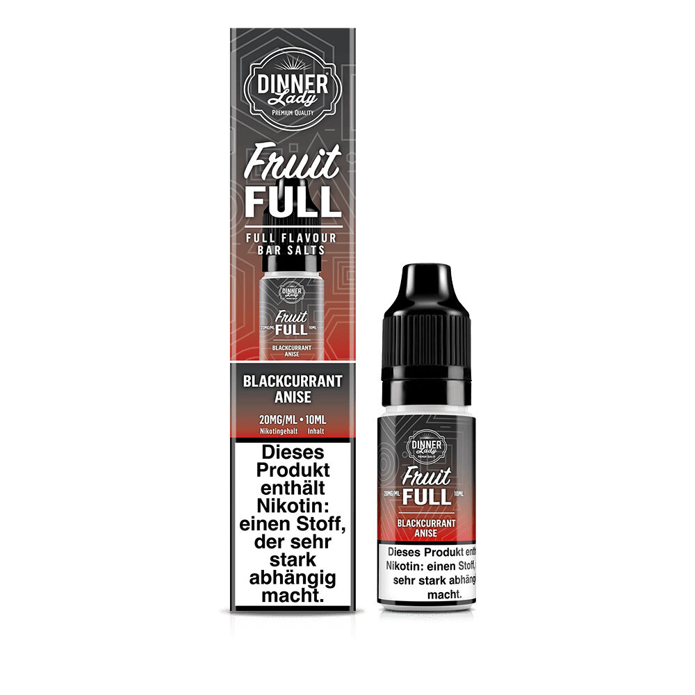 Dinner Lady Fruit Full Nikotinsalz - Blackcurrant Anise Dinner Lady Fruit Full Nikotinsalz mit Blackcurrant Anise Geschmack, 20mg/ml in 10ml Flasche, Warnhinweis auf starke Abhängigkeit