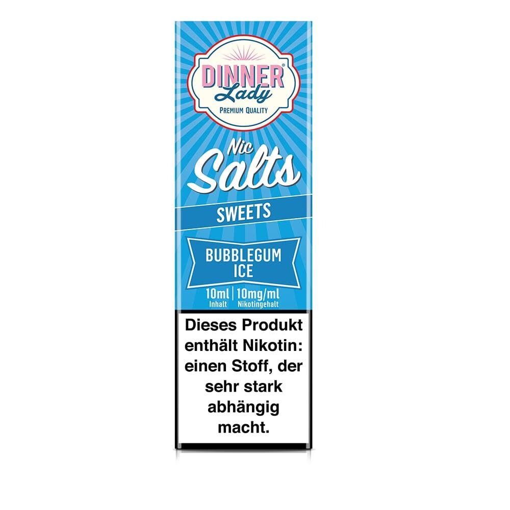 Dinner Lady Nic Salts Sweets Bubblegum Ice 10ml Flasche mit Warnhinweis über Nikotinabhängigkeit, blau-weißes Design.