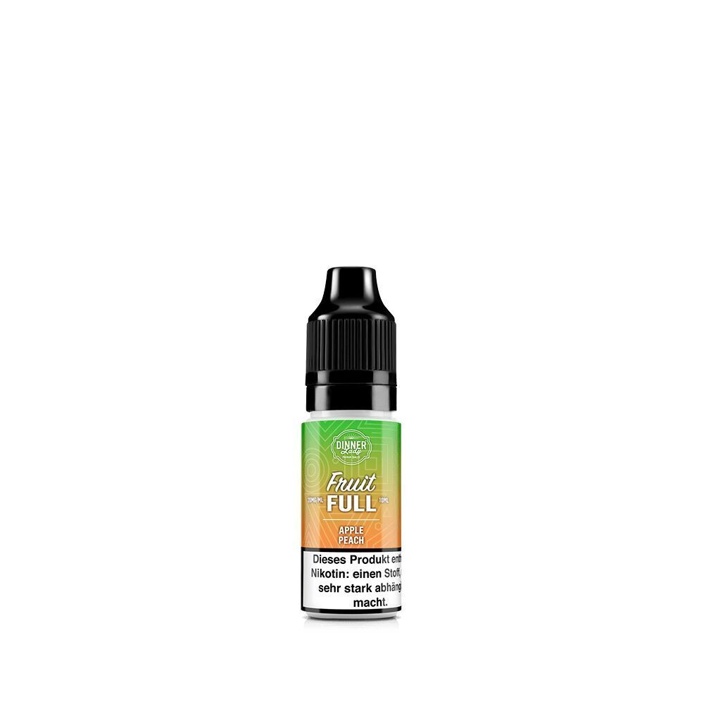 Dinner Lady Fruit Full Nikotinsalz - Apple Peach 20mg Flasche mit grünem und orangefarbenem Etikett, Warnhinweis enthalten