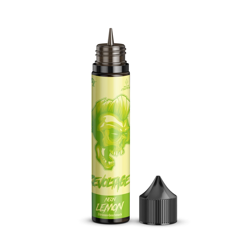 Revoltage Neon Lemon Longfill Aroma mit gelbem Totenkopfdesign auf gelbem Hintergrund, abnehmbarer schwarzer Verschluss neben der Flasche sichtbar