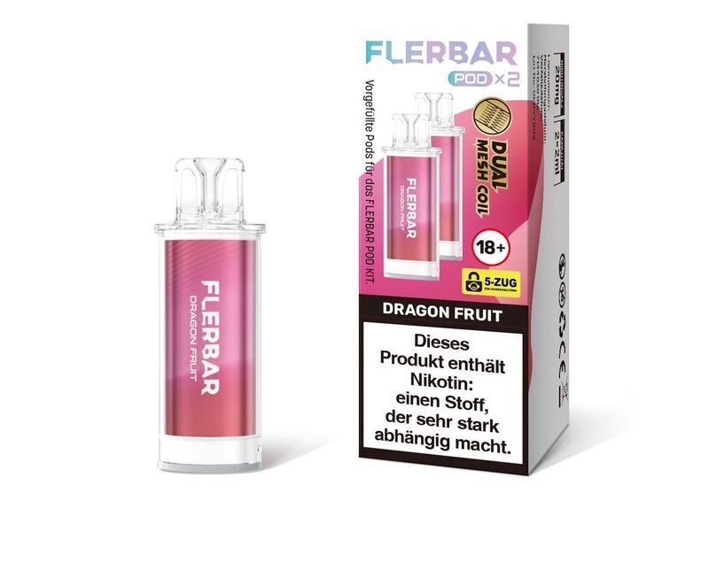 Dragon Fruit 20mg - Flerbar Pods Flerbar Pods Dragon Fruit 20mg in violetter Verpackung, mit Hinweis auf Nikotininhalt und DUAL MESH COIL, geeignet ab 18 Jahren.