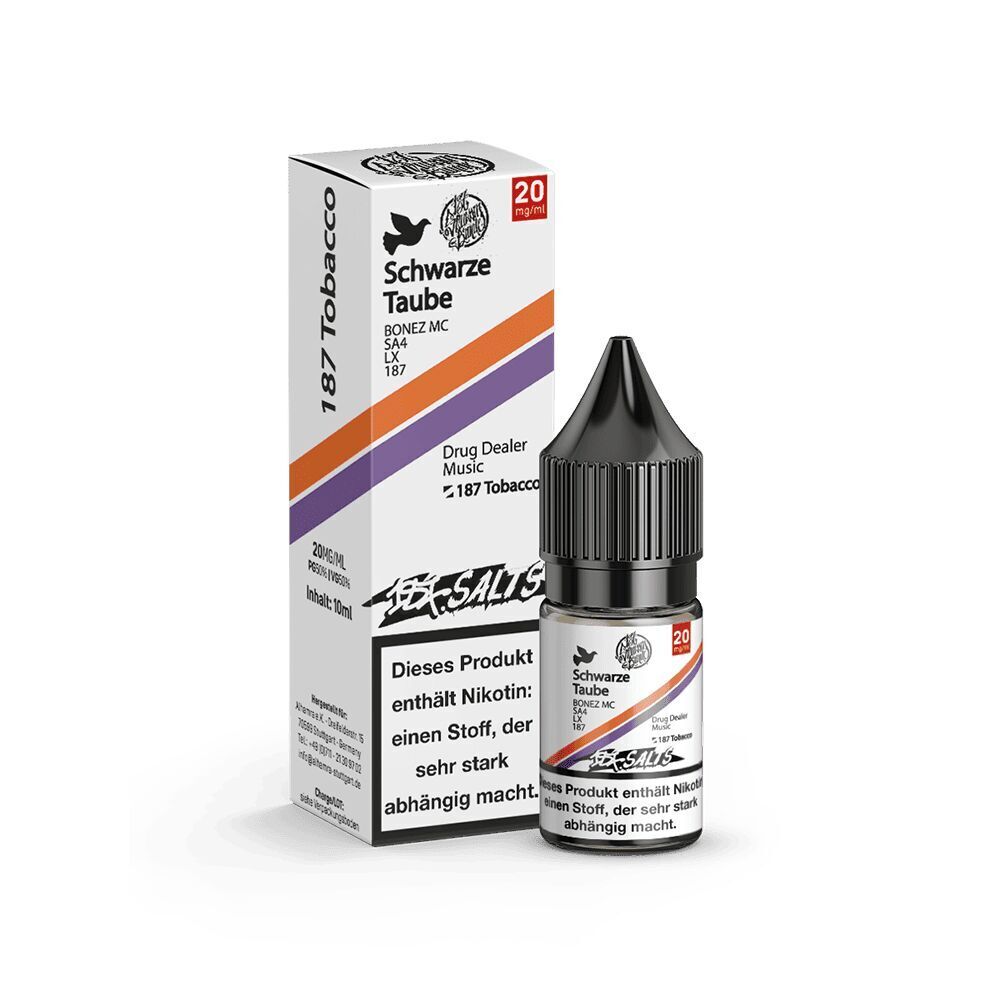 187 Strassenbande Liquid - Schwarze Taube 20mg Flasche und Verpackung von Schwarze Taube Liquid mit Aufschrift „Dieses Produkt enthält Nikotin“, 20 mg/ml Nikotingehalt und Details zu 187 Strassenbande.