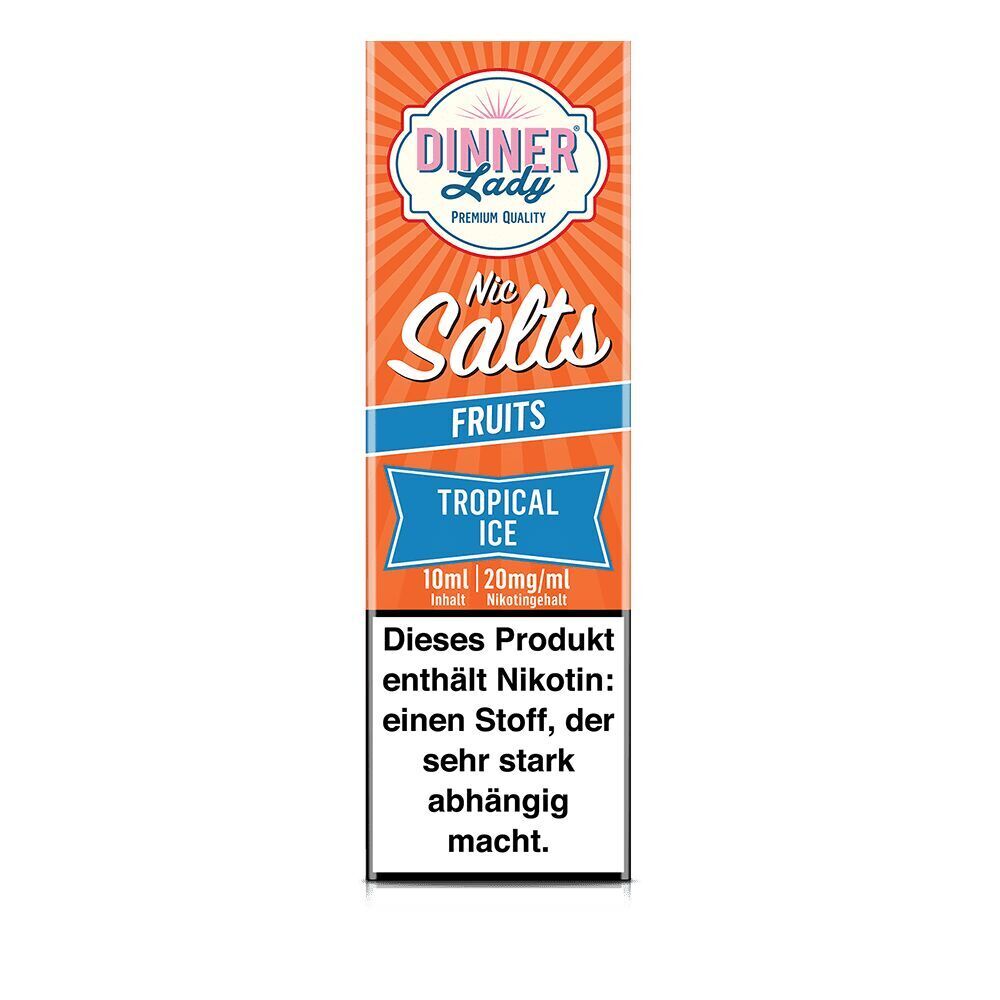 Verpackung von Dinner Lady Nikotinsalz Tropical Ice, 10ml, 20mg/ml Inhalt mit Warnhinweis zu Nikotinsucht, Design in Orange und Blau